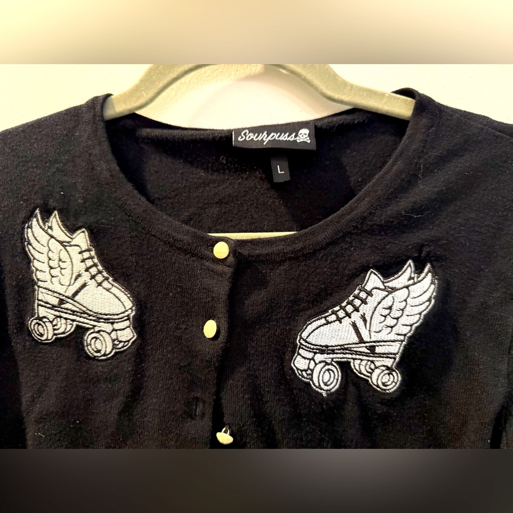 Sourpuss Black Cardigan with Roller Skate Design